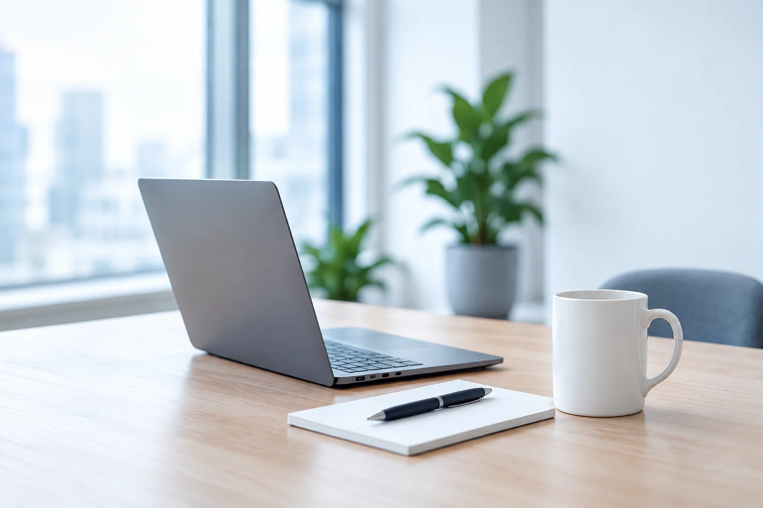 A calm workspace with a laptop and notebook
