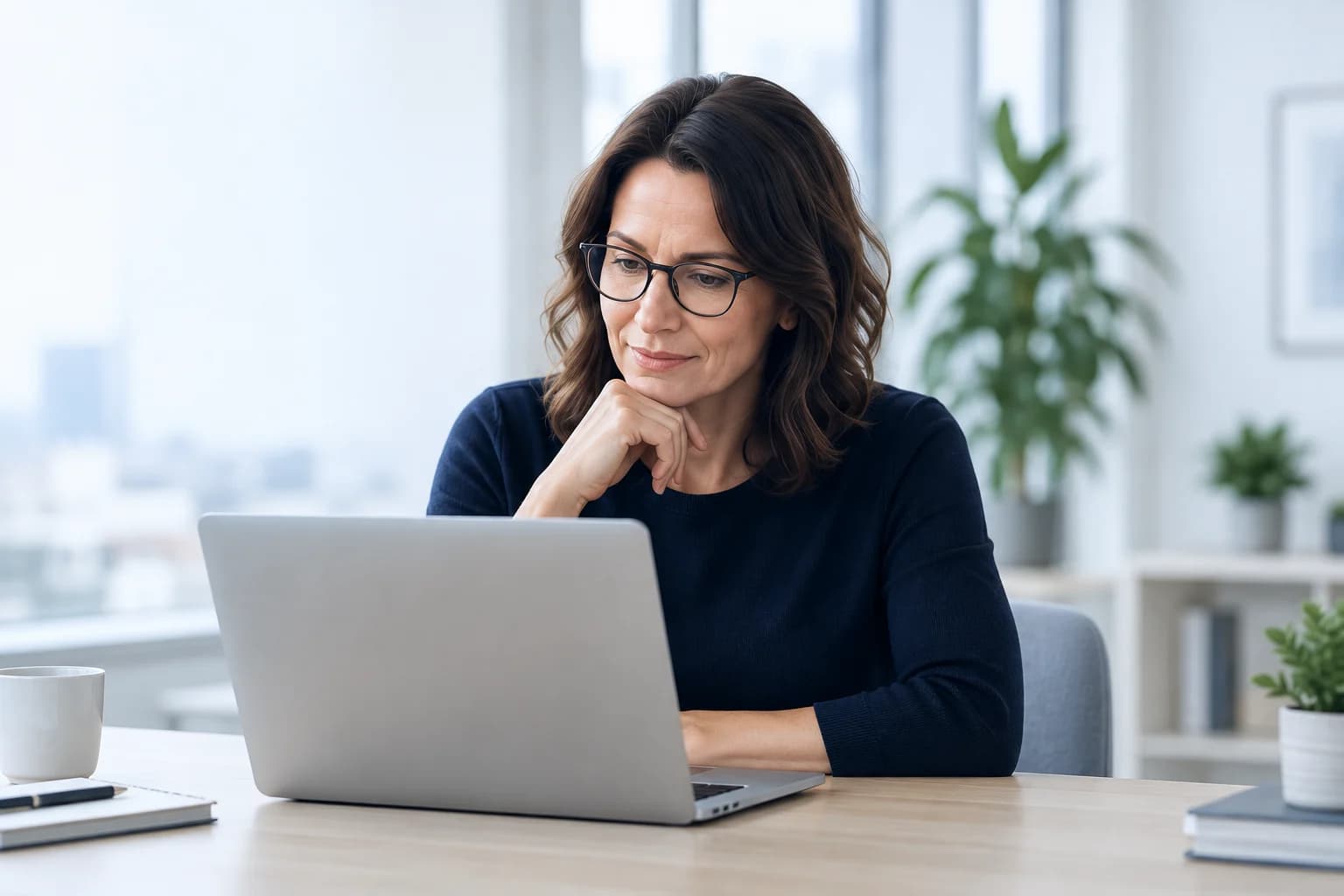 A professional thoughtfully reviewing work on a laptop